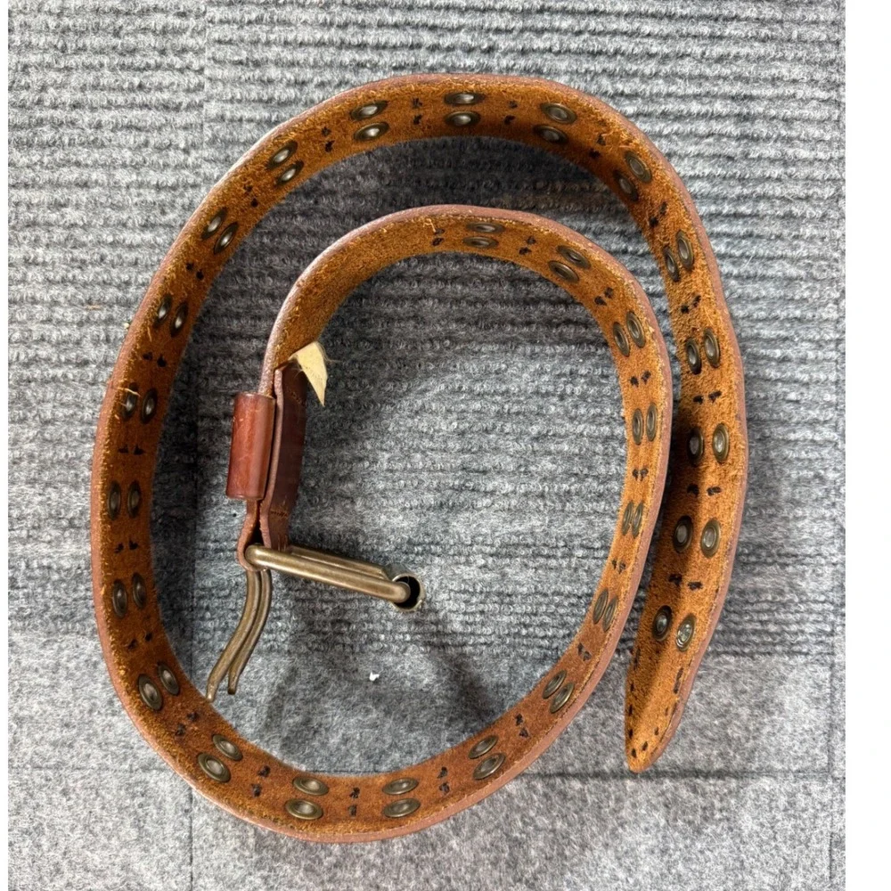 Vintage Distressed Brown Leather Grommet Belt Triple Prong Brass Buckle 40 Inch